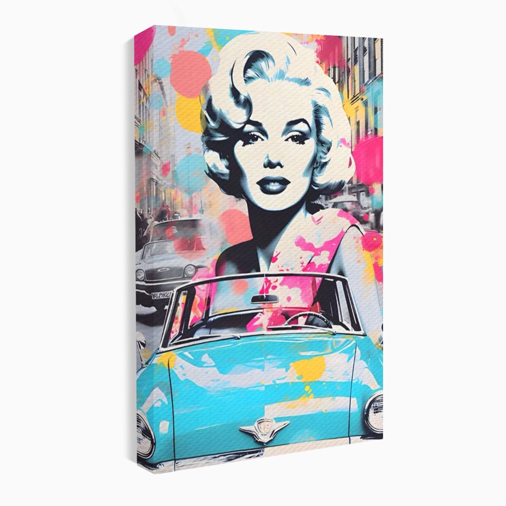 Tablou canvas cu tablou canvas cu marilyn monroe si masina, fara rama, pe sasiu de lemn